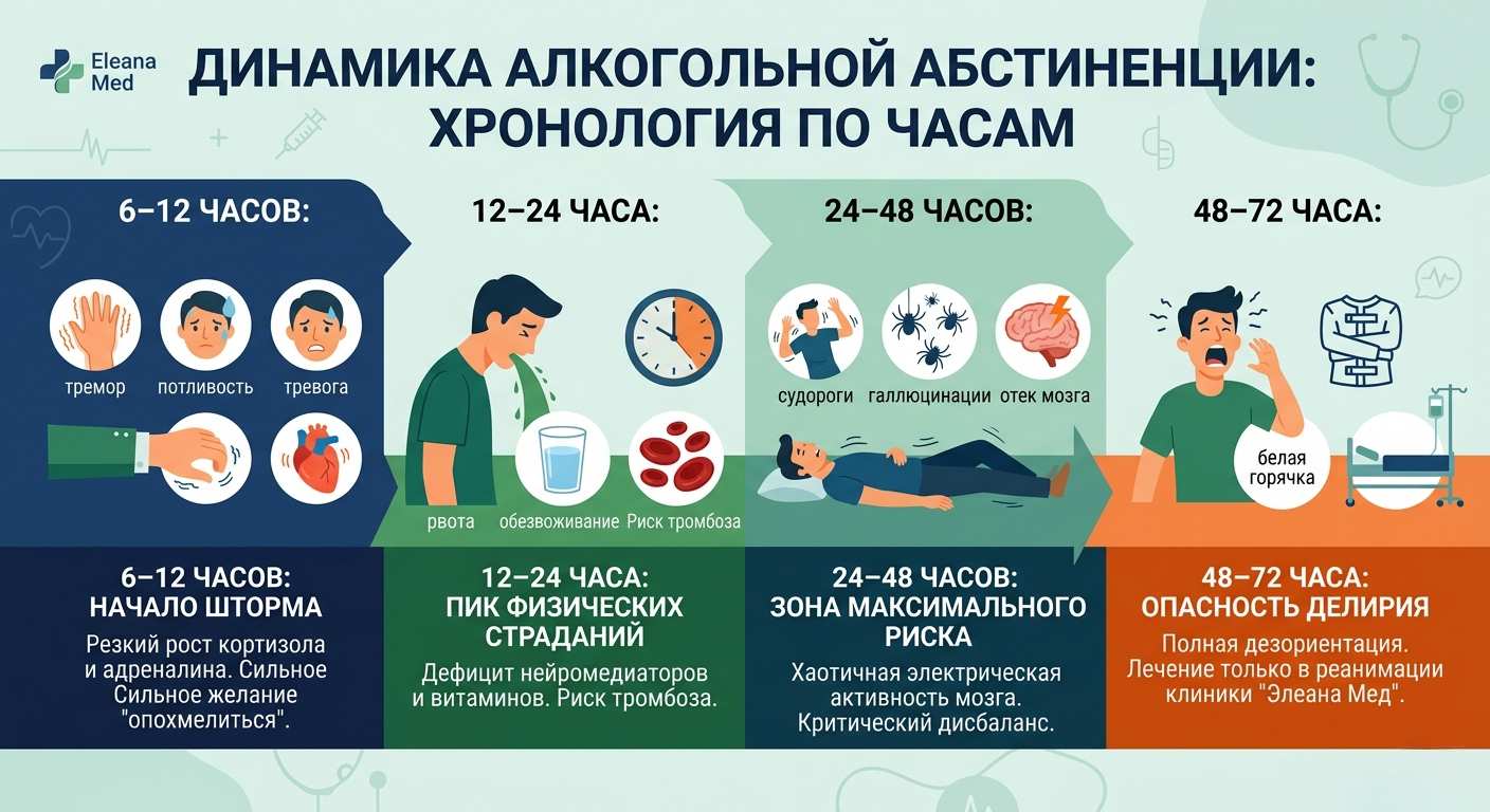 Инфографика, показывающая развитие симптомов алкогольного абстинентного синдрома по часам: от тремора до риска делирия.